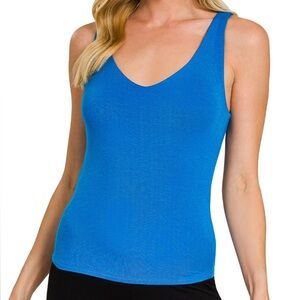Double-Layered V-Neck Tank Top in Ocean Blue